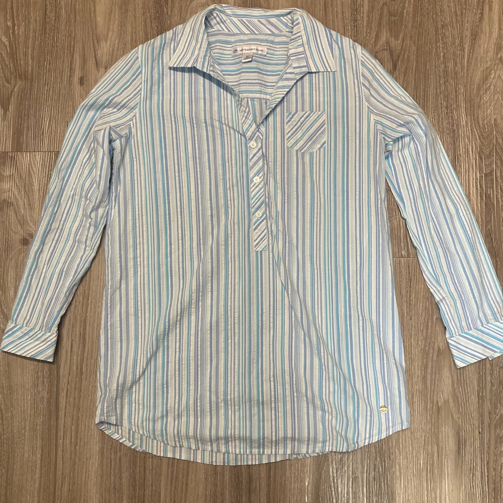 Southern Tide Womens M Marina Stripe Seersuscker Button-Front Popover Tunic Blue